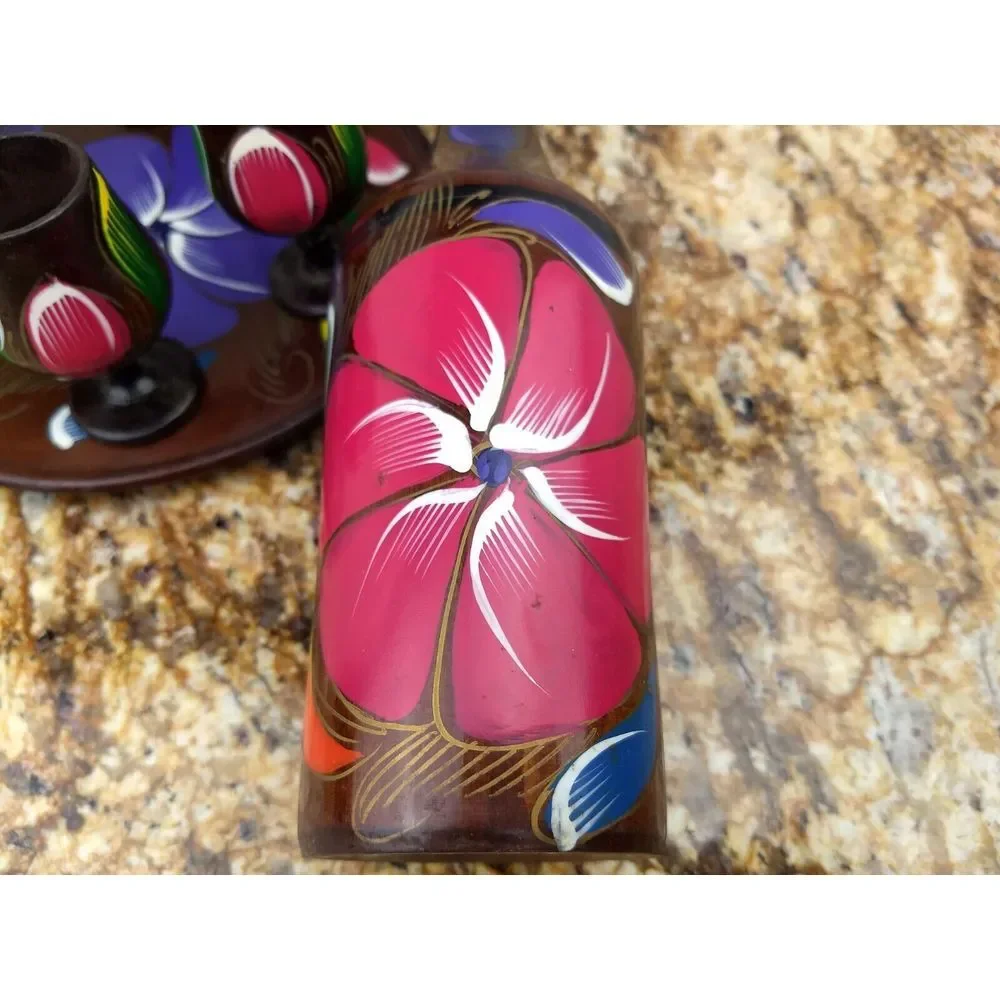 VTG Turned Wood Decanter Set w/ 6 Goblet Shot Glasses & Tray Hand Painted Floral
